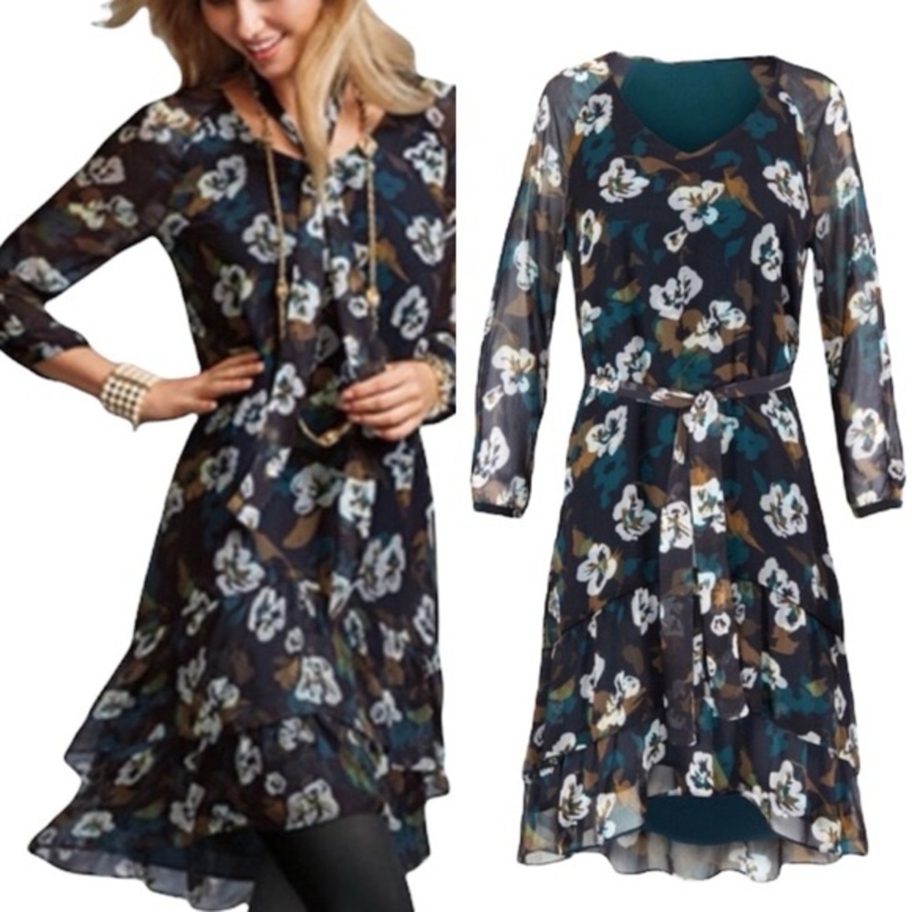 CAbi Black and Blue Floral Long Sleeve Dress Size Medium